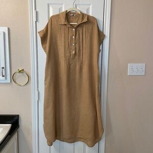 JS Millenium Linen Tunic Dress Tan With Pockets 100% Linen Pearl Buttons